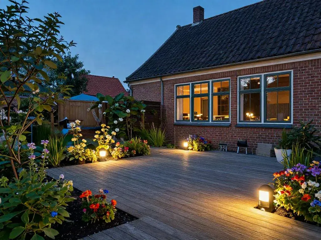 Havens terrasse og bede med lav udendørs belysning i skumringen