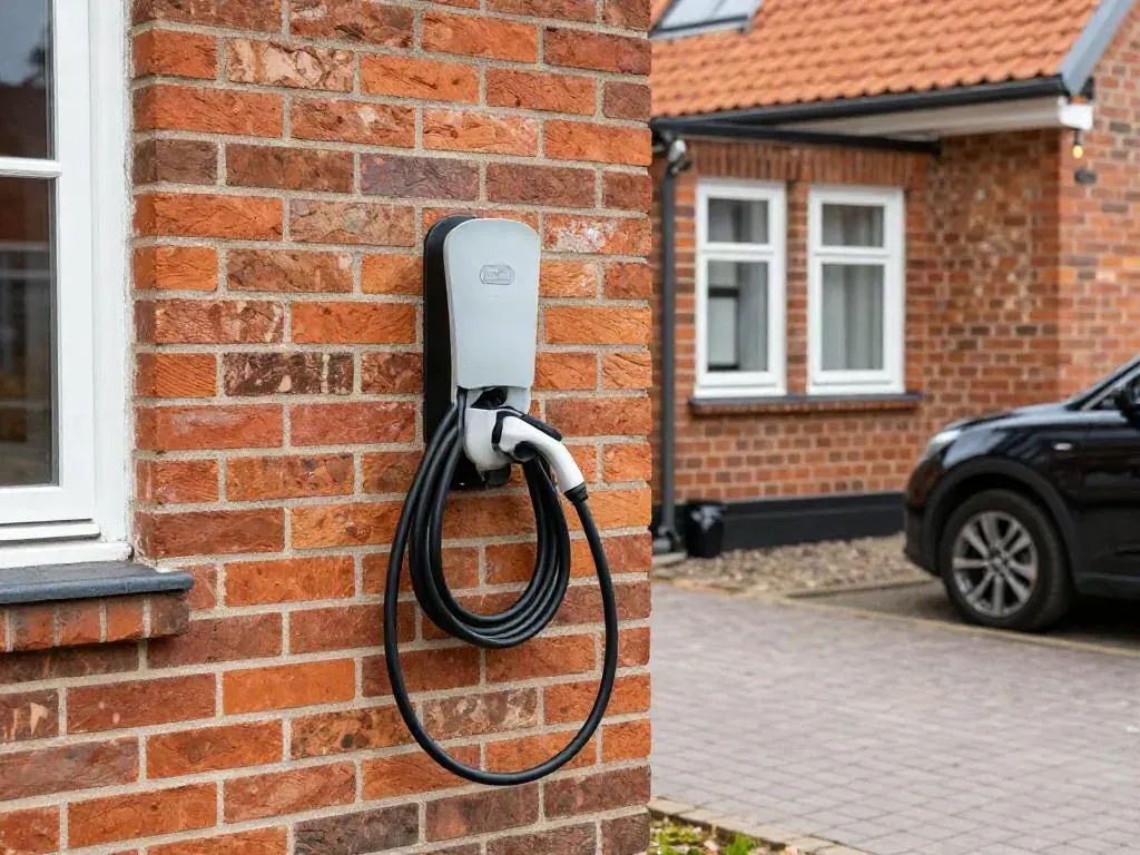 Ladestander til elbil på murstensvæg med opsvunget ladekabel ved indkørslen