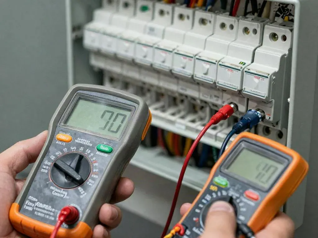 Måleinstrumenter med målespidser tilsluttet en eltavle under måling og kontrol