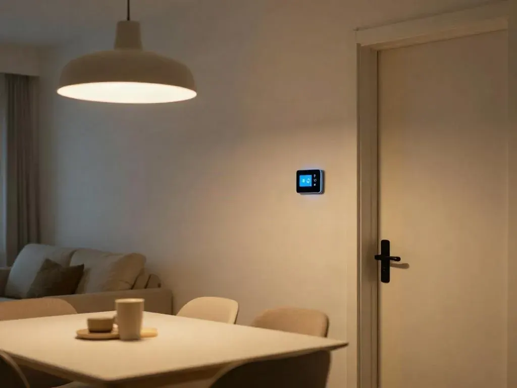 Stue med pendellampe over spisebord og et lille smart styringspanel på væggen