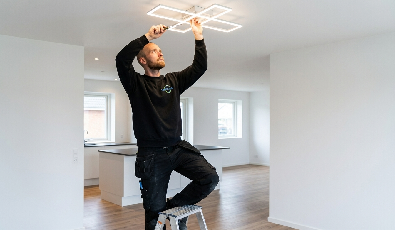 Elektriker installerer erhvervsbelysning i butik — planlagt uden for åbningstid