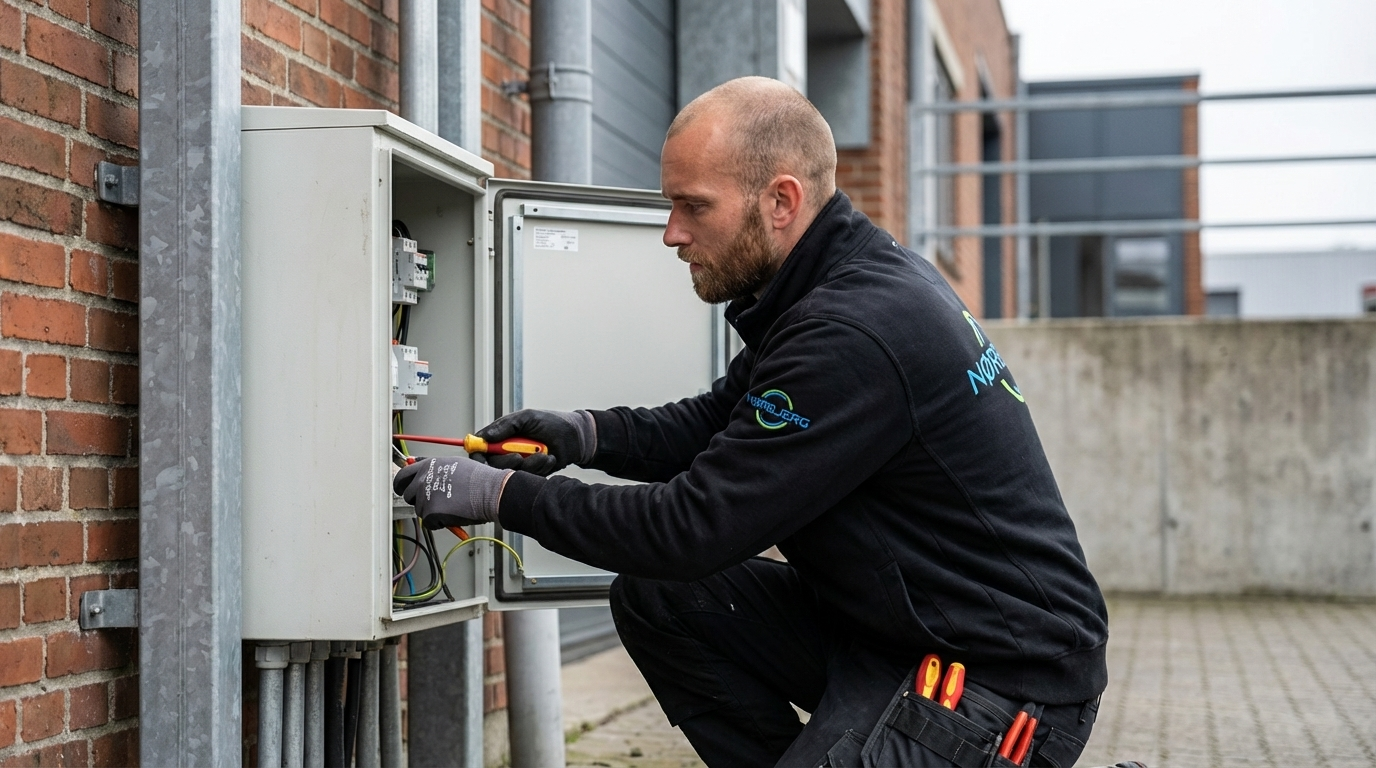 Autoriseret elektriker arbejder i eltavle hos erhvervskunde på Sjælland