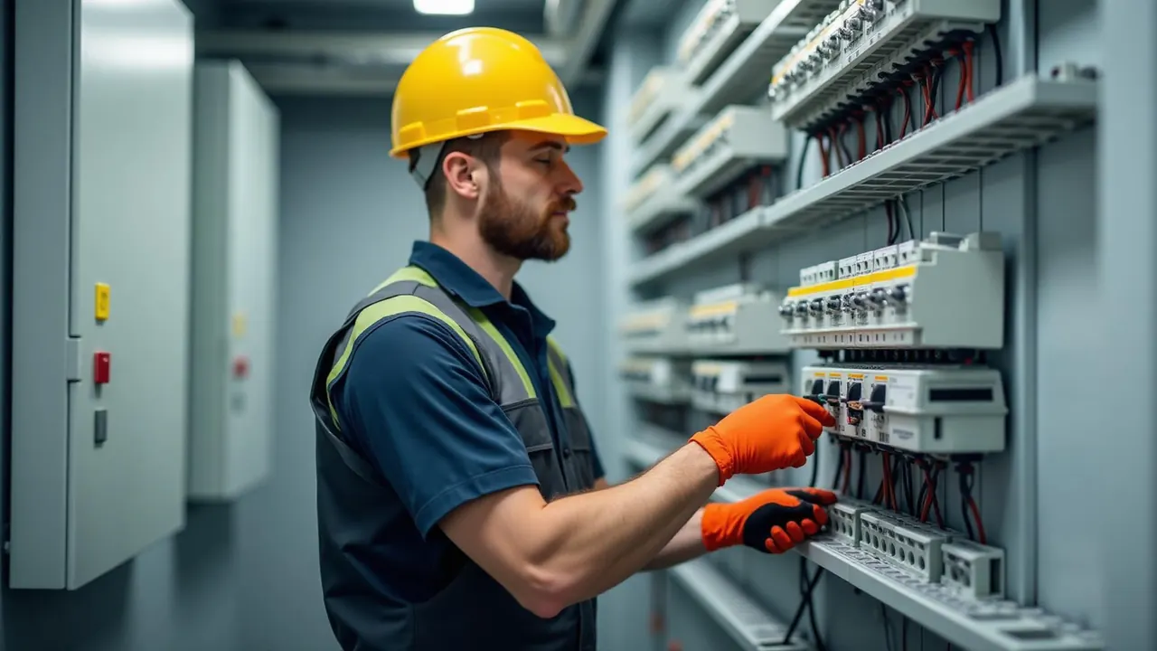 Elektriker med hjelm og orange handsker arbejder i et stort koblingsskab