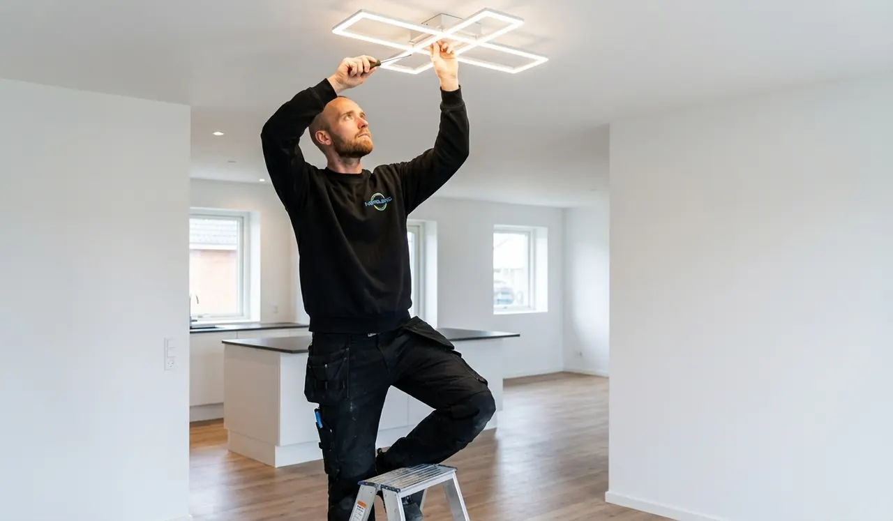 Elektriker på stige monterer en moderne LED-loftlampe i en lys lejlighed