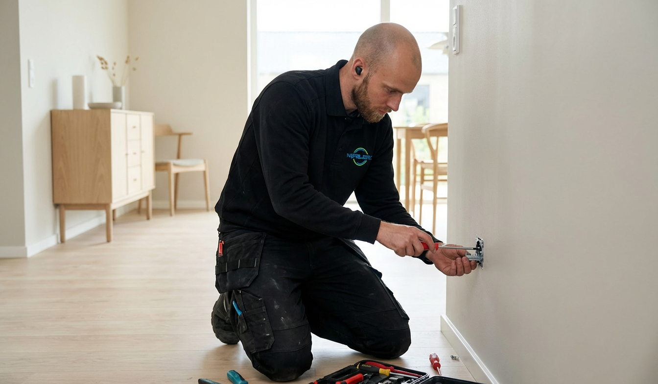 Elektriker monterer ny stikkontakt i privat bolig i Køge