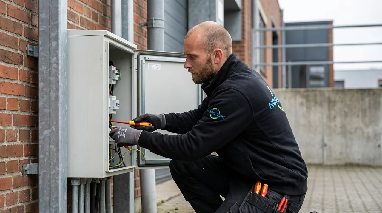 Elektriker tilslutter ledninger i en udendørs eltavle ved en murstensbygning