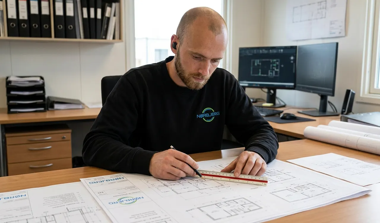 Medarbejder planlægger en installation ved skrivebordet med tegninger og målestok