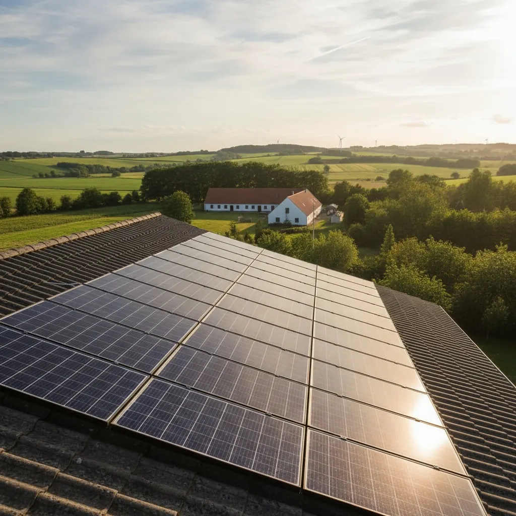 Solceller på et stort tag set fra luften
